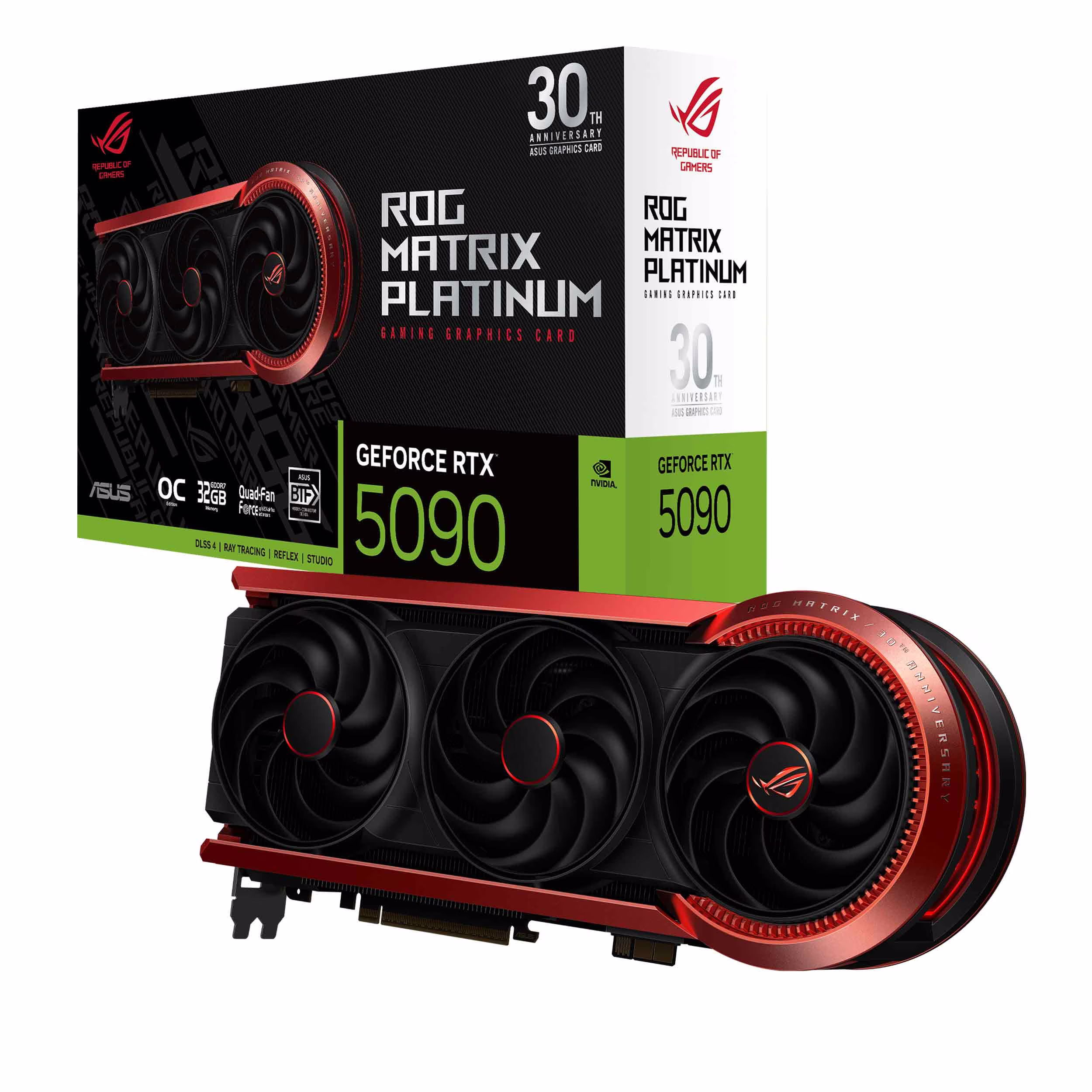 ASUS ROG Matrix Platinum GeForce RTX 5090 30th Anniversary Edition Graphics Card, 32GB GDDR7, 512-Bit, PCIe 5.0, 21760 CUDA Cores, OC Boost 2760MHz, HDMI 2.1b + DisplayPort 2.1b, 8K Support, Aura Sync ARGB | 90YV0NF2-M0NM00 – Buy Online