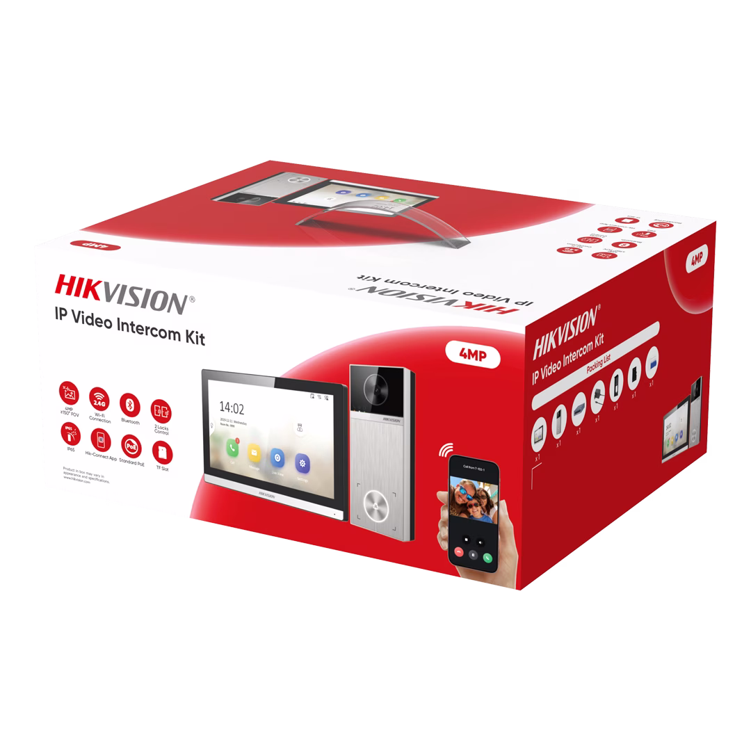 Hikvision DS-KIS611-S IP Video Intercom Kit: 4MP 150° Wide-Angle Door Station (DS-KV6114-MWBE1), 7" Touch Indoor Station (DS-KH6350-WTE1), 4-Port PoE Switch, Rain Shield (DS-KABV6114-RS), 32GB TF Card, PSU, Admin Card & 5x Key Fobs – Buy Online