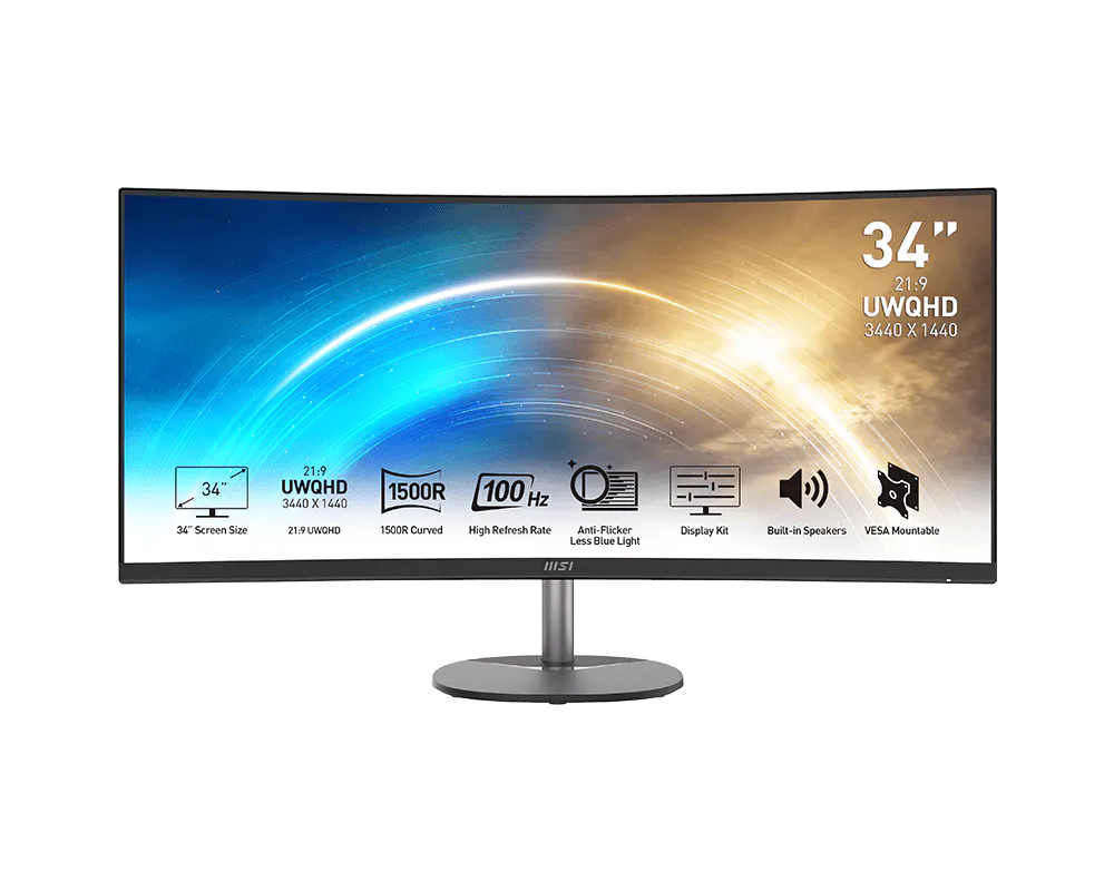MSI PRO MP341CQ 34" Ultrawide Curved Business Monitor, UWQHD (3440 x 1440), 100Hz, 1ms, Built-in Speakers | 9S6-3PB2CT-074 – Buy Online